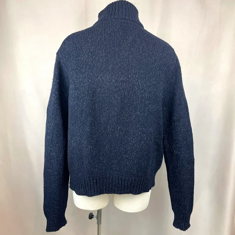 VTG 80s Mens (L) POLO Cardigan Sweater Blue Zip Pockets Grandpa Indie Distressed